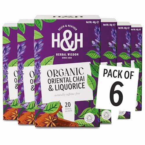 Image of Heath & Heather - Organic Oriental Chai & Liquorice Tea • Spiced Herbal Blend with Sweet Liquorice • Naturally Caffeine-Free • Vegan • Multipack 6 x 20 Boxes (120 Tea Bags)