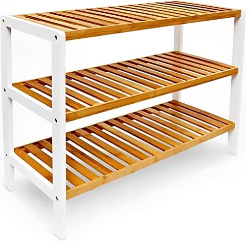 Image of Unibos Bamboo Shoe Bench 3 Tier Shoe Rack Storage Organiser Shoe Racks Storage Shelf Organizer Perfect For Entryway Living Room Hallway Holds Up To 12 Adult Shoes (Natural)