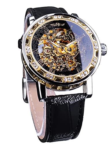 Image of FORSINING Men's Retro Mechanical Skeleton Watch with Diamond & Carving Flower Craft, Roman Number, Black Golden, Skeleton Watch
