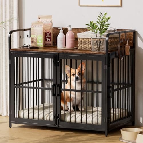 Image of UDPATIO Dog Crate Furniture, Large Dog Cage with 2 Doors, Heavy Duty Dog Kennel Indoor for Small Medium Large Dogs, Wooden Dog House, 94x60x88cm (Rustic Brown)