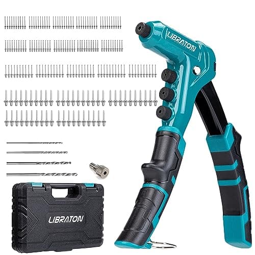 Image of Libraton One-Handed Rivet Gun, Pop Rivet Gun Set, Professional Hand Riveter, Manual Riveting Tool with 200 Rivets for Metal, Includes 4 Drill Bits, 4 Tool-Free Interchangeable Heads, Storage Case