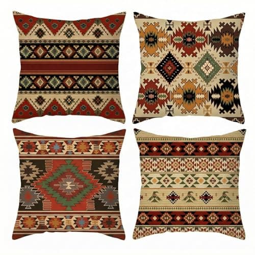 Image of BREASOME Cushion Covers 45 x 45 cm Set of 4 Bohemian Ethnic Geometric Cushion Covers Soft Decorative Square Throw Pillow Cases for Sofa Couch Bedroom Living Room