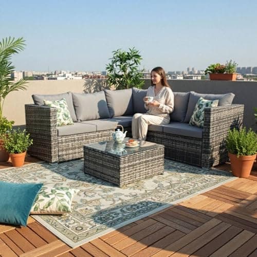 Image of BIRCHTREE Outdoor Rattan Wicker Garden Furniture Set 5 Seater L-Shape Corner Sofa Glass Coffee Dining Table Patio With Cushion Pillow 3 Pieces RFS08 Grey