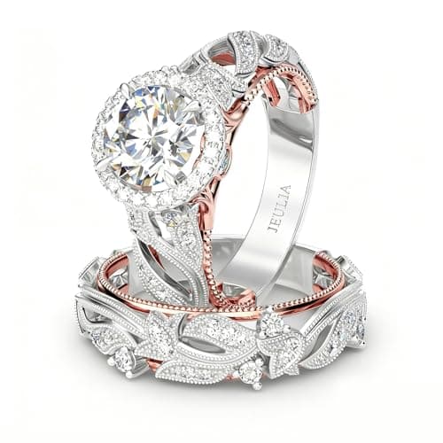 Image of Jeulia 4 Carat Openwork Ring Sets for Women 925 Sterling Silver Wedding Sets Rose Gold Round Cut Halo Engagement Ring White Diamond Band CZ Solitaire Anniversary Promise Rings(Silver，R-½