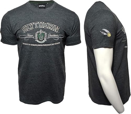 Image of Unisex Slytherin Applique Embroidery House T-Shirt | Official Harry Potter Merchandise | Charcoal Melange Tee XS-XL (UK, Alpha, L, Regular, Regular)