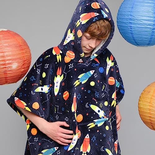 Image of Bedlam - Outer Space Oodies for Kids (75 x 92.5cm) - Soft & Cosy Fleece Blanket Hoodie with Spaceship/Rockets - Space Bedroom Accessories - Flower Poncho in Blue - Universe Fleece Hoodie for Kids