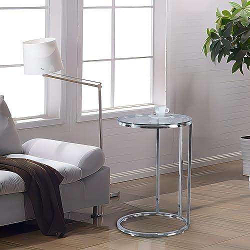 Image of URBNLIVING Round Modern C-Shaped Side End Table Chrome Legs Frame and Glass Top, Snack Books Side Table (Chrome Legs & Clear Glass Top)