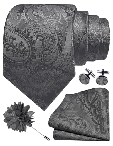 Image of Gusleson Grey Tie Set for Men Paisley Wedding Silk Dark Grey Necktie Pocket Square Cufflinks and Lapel Pin Brooch Set (UK6111-04)