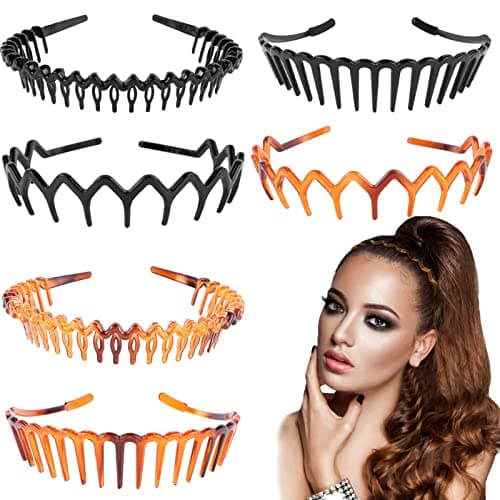 Image of 6 Pcs Tooth Headband for Women Girls, Plastic Hair Bands Wavy Hair Comb Headband Hard Hairbands for Hair Styling, 3 Styles(Black/Brown)