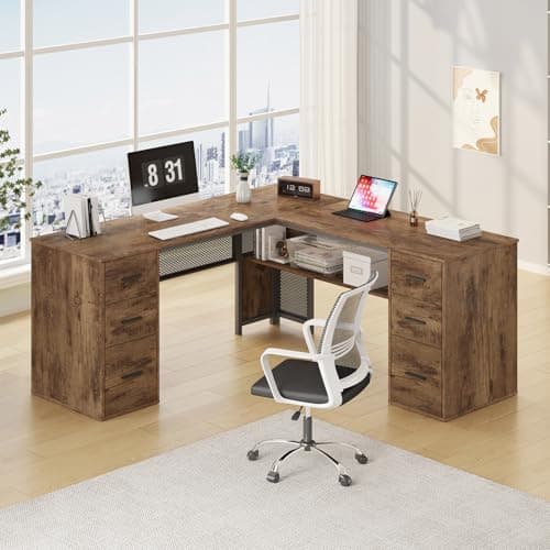 Image of HSH L Shaped Computer Desk with File Drawers, Large Metal Wood L Shape Table with Storage Cabinet Shelves, Reversible Corner Home Office Executive Writing Study Workstation Desk, Rustic Brown, 150 cm