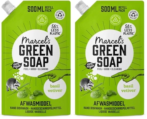 Image of Marcel's Green Soap Washing-up Liquid Refill - Basil & Vetiver - Dishwashing Liquid - Saves 56% of plastic - Eco friendly - Vegan - 97% Biodegradable - 500 ML (Pack of 2)