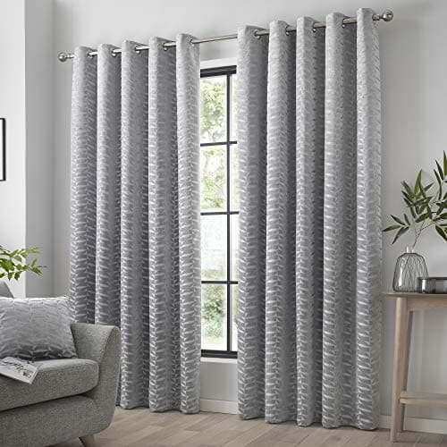 Image of Curtina Luxury Silver Geometric Eyelet Curtains W90 x L72 – Jacquard Leaf Pattern – 2 Panels – Bedroom or Living Room Drapes – Elegant Window Treatment