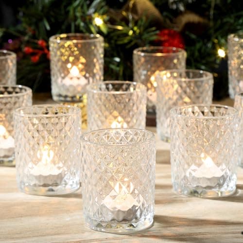 Image of Ligtmor Pack of 24 Transparent Tea Light Cups, Glass Tea Light Holders with Embossed Pattern, Romantic Vintage Candle Holder, Clear Tea Light Glasses (24, Diamond)