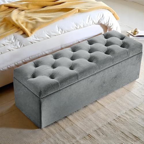 Image of Harveys Living Chesterfield Ottoman Storage Box - Fabric Button Style Engineered Wood Luxurious Plush Velvet Ottoman Storage Bench - (Grey, No Legs)