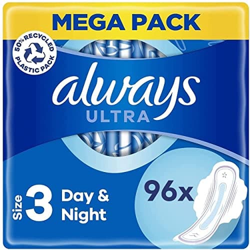 Image of Always Ultra Night Day & Night Sanitary Towels with Wings, Size 3, 96 Towels (24 x 4 Packs), MEGA Pack, Odour Neutraliser, Super Absorbent Core