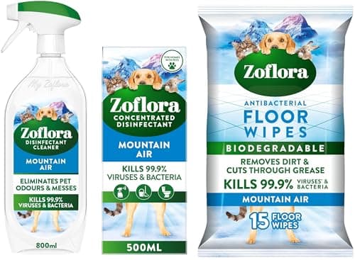 Image of Zoflora Mountain Air Bundle - Multipurpose Disinfectant Trigger Spray, 1 x 800ml, Concentrated Disinfected Liquid, Biodegradable Wipes. (One of each)