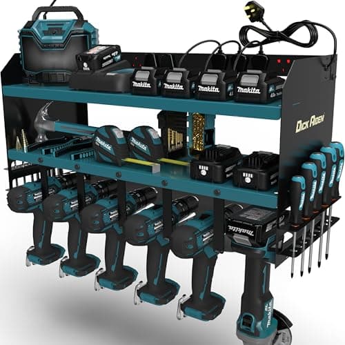 Image of Toolganize Power Tool Organiser, Storage Rack with Power Strip Charging Station, Compatible with Makita, Heavy-Duty for Workshop & Garage Tools - 6 Slot, Makita Blue.