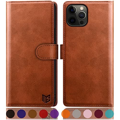 Image of SUANPOT iPhone 12 Pro Max Case 6.7 Inch With Credit Card Holder, RFID Blocking, PU Leather Flip Book Protective Cover for Apple 12 Pro Max Phone - Light Brown