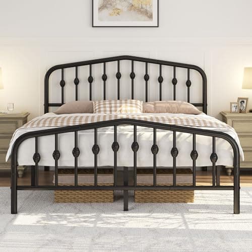 Image of Yaheetech 5ft King Bed Frames Slatted Metal Bed with Crown-inspired Design Headboard/Spacious Under-bed Storage Black