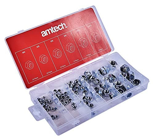 Image of Amtech S6220 Assorted Locking Nuts, 100 piece Nylon Inserts, M4, M5, M6, M8, M10, M12, Anti Rust Design