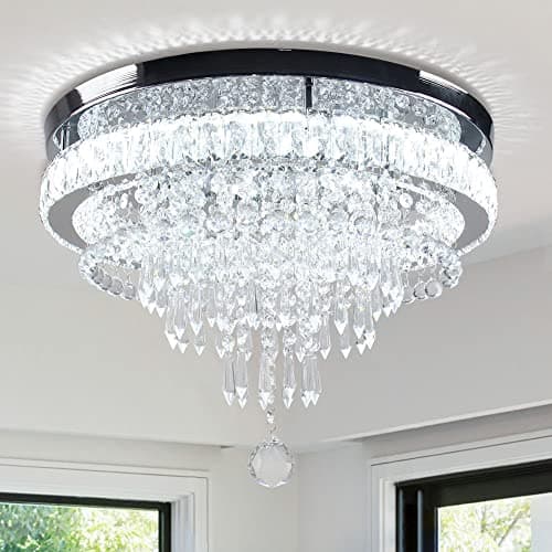 Image of Modern Crystal Chandelier Light Flush Mount LED Round Crystal Ceiling Light with K9 Crystal & Chrome Stainless Steel Light Fixture for Living Room, Bedroom & Hallway Cool White Dia 19.7"/50 CM