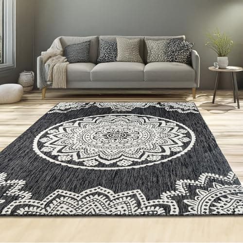 Image of homeart Area Rugs – Durable, Stain-Resistant, Vibrant Geometric Design Carpets – Easy-Clean Rugs for Living Room, Kitchen, Entryway, or Bedroom – Mandala - Black Cream - 120x170 cm