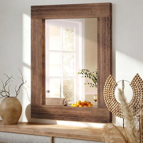 Image of HLFMVWE Wood Mirror Rectangular Framed Rustic Vintage Mirrors Decor Farmhouse Bedroom Bathroom Mirror for Dressing Table Entrance Small 30x40cm