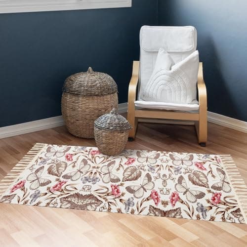 Image of Terafeels Vintage Boho Pink Area Rugs 2x3ft Machine Washable Polyester Rug Butterfly Print Low-Pile Non-Slip Backing Carpets for Livingroom Bedroom Kitchen Home 46090