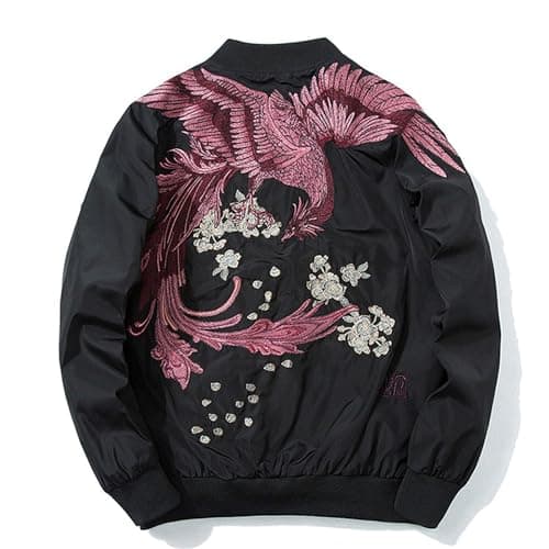 Image of XYXIONGMAO Phoenix Hand Embroidery Personality Japanese hip hop streetwear windbreaker Flight Black Bomber Tactical Jacket, Red, M