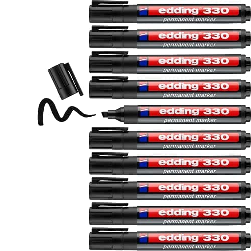 Image of edding 330 permanent marker - black - 10 pens - chisel tip 1-5 mm - waterproof, quick-drying, smear-proof pens - for cardboard, plastic, glass, wood, metal and fabric
