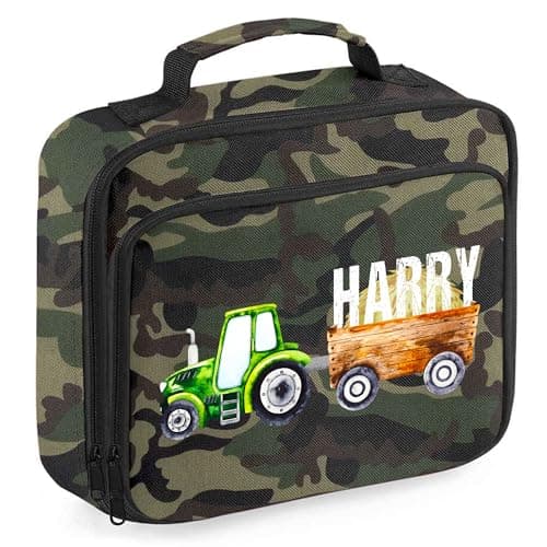 Image of Personalised Tractor Lunch Box for Boys Farmers Farming Custom Name Back to School Nursery Bag, 24cm x 20cm x 8cm, Camo