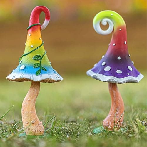 Image of Garden Mile Set of 2 Toadstool Mushroom Garden Ornaments Outdoor Toadstool Mini Statues - Weatherproof Resin Realistic Mushroom for Plant Pot Patio Flowerbed garden decor
