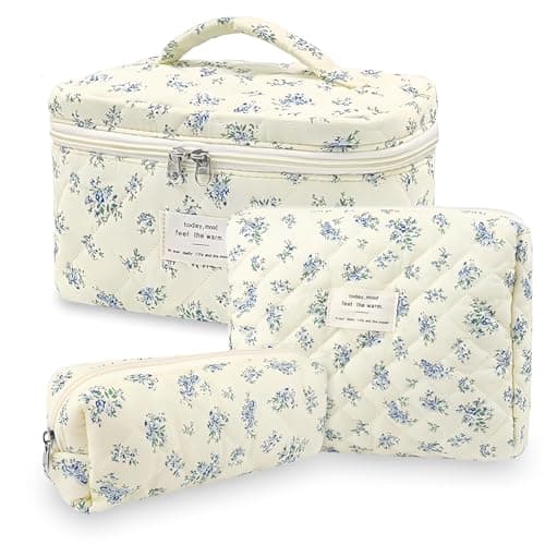 Image of Aucuu 3PCS Coquette Makeup Bag, Quilted Makeup Bag for Women, Floral Cotton Cosmetic Bag Set, Large Capacity Aesthetic Floral Toiletry Bag, Travel Toiletry Bag, Wash Organizer Pouch for Women Girls