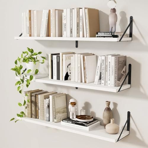 Image of Feihorrm Floating Shelves Set of 3, White Wall Shelves, 90 x 20 cm Book Shelf, Shelves for Wall, Wooden Shelves Wall Mounted Shelf for Home Kitchen Bathroom Bedroom Living Room Office