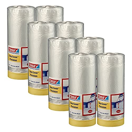Image of tesa Easy Cover 4365 Precision - Pack of 8 - Painter's Film with Painter's Tape for Masking and Covering during Painting - 2-in-1 Masking Tape with Film - Transparent - 33 m x 1.4 m Each
