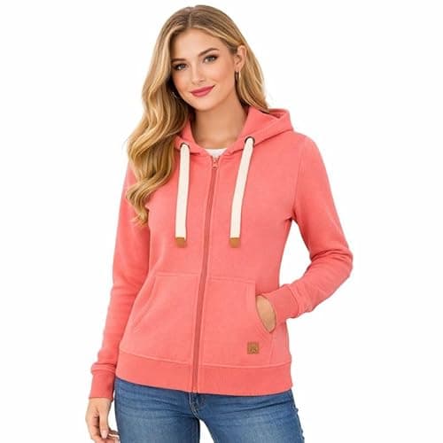 Image of Blu Apparel Womens Zip Hoodies Extra Warm women's Zipped Hoodie Ladies Plain Hoodie Winter Warm Fleece Lined Zip Up Jacket Sweatshirt ActivewearJumper (UK, Numeric, 12, Regular, Regular, Coral)
