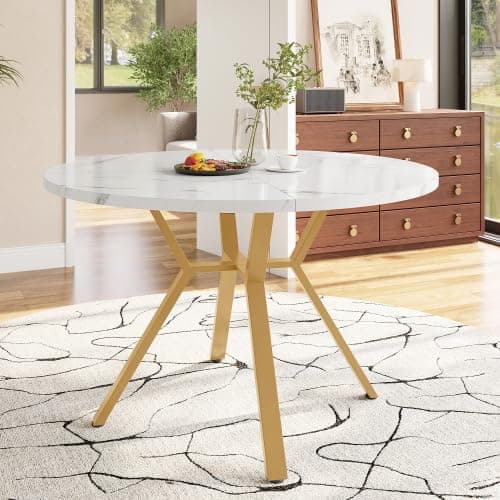 Image of Merax Modern Round Marble Dining Table, 100cm with Golden X-Shaped Metal Base, Stylish Kitchen Table for Dining Room, Living Room, Elegant and Durable, White/Gold