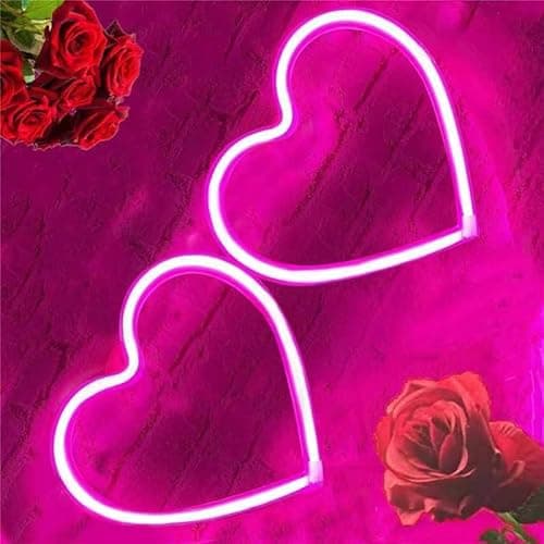 Image of 2Pack Valentines Heart Neon Sign,Battery Powered Led Pink Neon Light up Signs Heart Love Decorations Wall Decor for Bedroom Kitchen Door Dorm,Night Lamp Gifts for Girls Room,7.8x7.8in,Pink