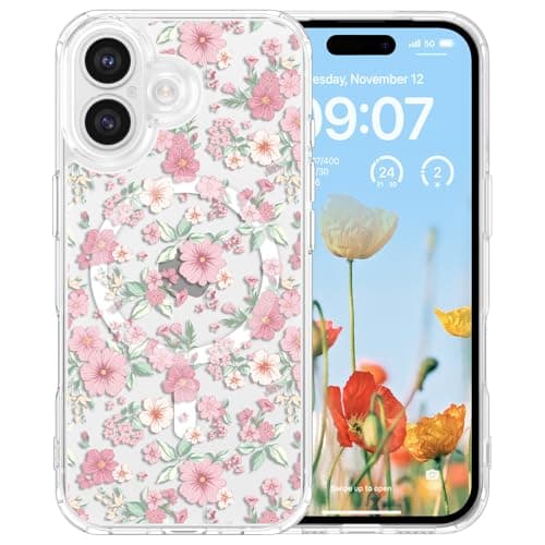 Image of RALEAVO Magnetic Case for iPhone 16 Plus, Compatible with Magsafe Cute Flower Girls & Women Clear Case Silicone Shockproof Protective Cover with Floral Pattern Case for iPhone 16 Plus-Pink Flower