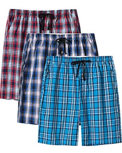 Image of MoFiz Men's Cotton Pyjama Bottoms Shorts Check Woven Lounge Wear Nightwear Sleep Shorts 3-Pack Size L