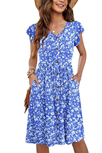 Image of MOLERANI Women Summer Dresses Ruffle Sleeve V Neck Casual Swing Elastic Waist Midi Dress with Pockets Pockets Plain Blue White Floral M