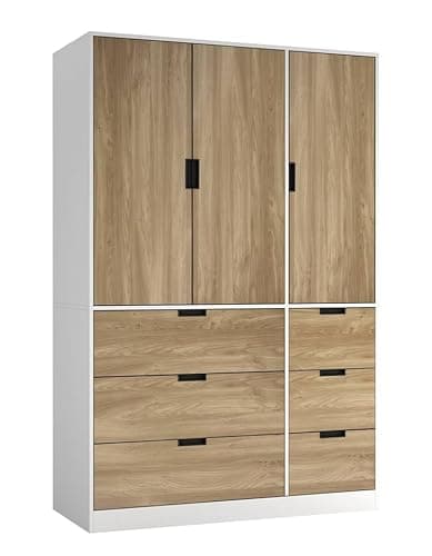 Image of URBNLIVING 3-Door Wardrobe with 6 Drawers – Customisable Two-Tone Storage Unit - White Unit & Oak Doors & Drawers