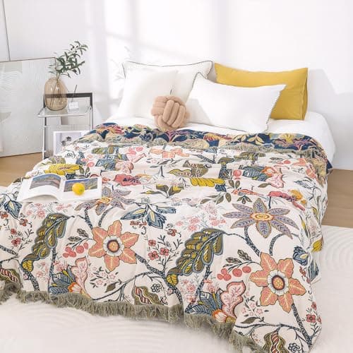 Image of Snylcce Double-sided Bohemian Large Throw Blanket - 100% Organic Cotton Handwoven Bed & Sofa Throw, Cozy Boho Accent for 2-3 Seater Couches and Armchairs - 150x200cm,Garnet flower White