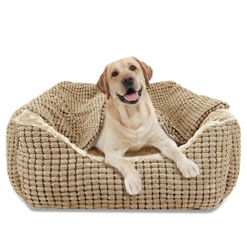 Image of JOEJOY Rectangle XL Dog Bed Warm Hooded Dog Bed, Luxury Super Soft Pet Cave Bed Washable, Fits Up To 20/30/40/60lbs Pets, 89x64x23cm(Brown)