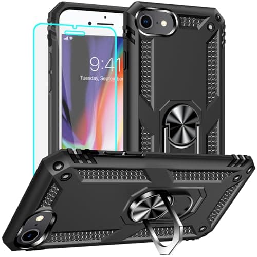 Image of Yiakeng for iPhone 8 Case, iPhone 7 Case With Screen Protector, Silicone Shockproof Military Grade Protective Phone Cover for iPhone SE 2020 (Black)