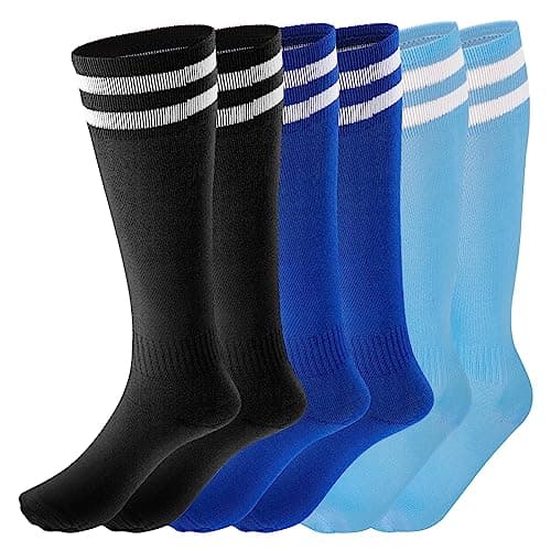 Image of Fanshiontide 3 Pairs Football Socks, 3 Colors s Football Socks Unisex Non-slip Long Breathable Soccer Socks for Daily Running Training Sports Socks for Boys Aged 5-12, Blue+Light Blue+Black