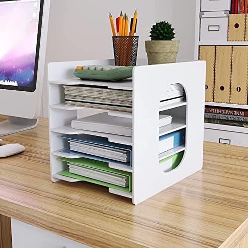 Image of PUNCIA 5-Tier Paper Tray A4 Desk Tidy Organizer Desktop White Filing Holder Office Mail Letter Sorter Document Notebooks Storage Rack for Home Office School Classroom