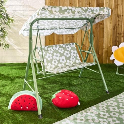 Image of OHS Canopy Garden Swing 2 Seater Daisy, Weatherproof Kids Swing Chair with Roof & Backrest Non-Slip Feet Adjustable Canopy Rocking Bench Comfy Outdoor Patio Garden Seat Up to 60Kg, Sage/White