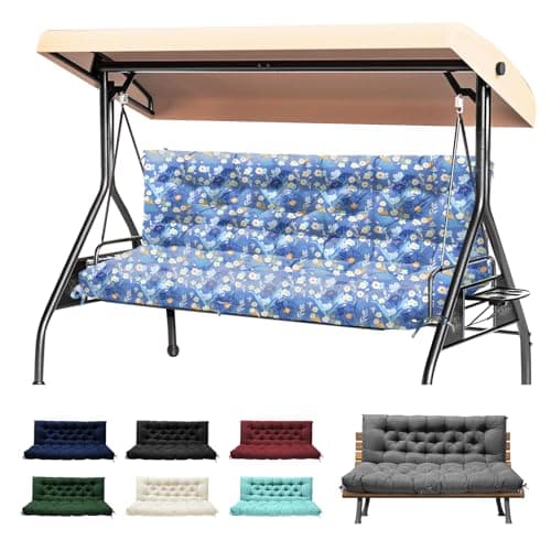 Image of 2-3 Seater Thick Garden Bench Cushion, Waterproof Patio Swing Cushion with Backrest, Outdoor Sun Lounger Sofa Swing Hammock Porch Pad Mat with Ties Straps for Canopy Furniture(Blue Peony, 150x100cm)