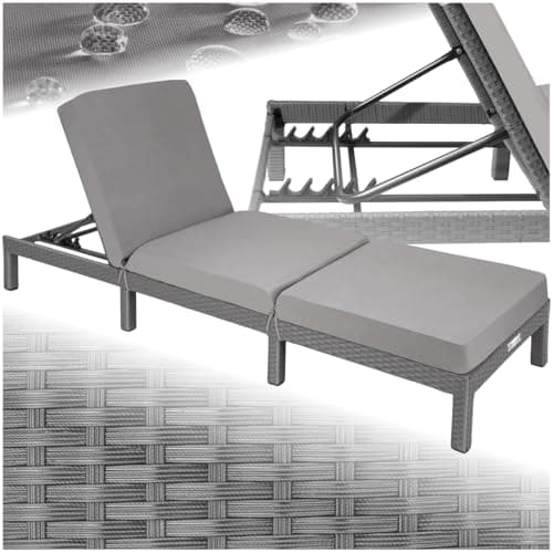 Image of tectake® Luxury Rattan Garden Sun Lounger with 6 Adjustable Backrest Positions, Comfortable Padding and Stylish Design, Stable Steel Frame, Easy-Care, for Garden, Patio, Pool - grey